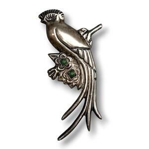 Vintage Sterling Silver Large Bird Pin Brooch Pin 925 Green Stones Flower 22.89g